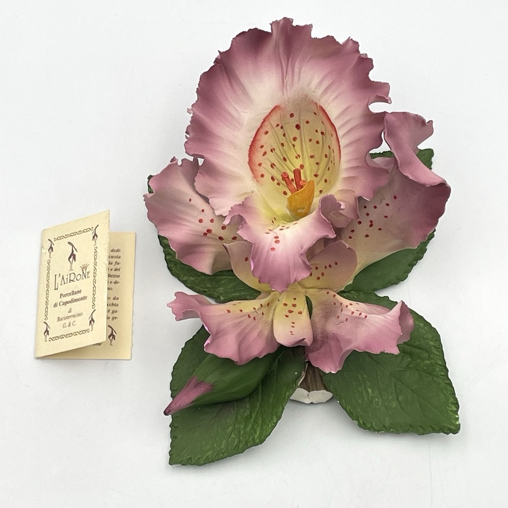 Vintage 1998 L'Airone Capodimonte Pink Orchid Porcelain Figurine Italy 6"
